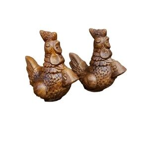 Vintage Lego Rooster Chicken Brown Salt and Pepper Shakers Ceramic MCM 4" Tall